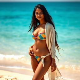 A stunning Indian woman with long, flowing black hair and radiant skin stands on a picturesque beach