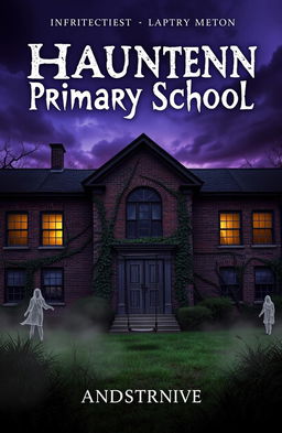 A hauntingly atmospheric book cover depicting an eerie primary school at dusk