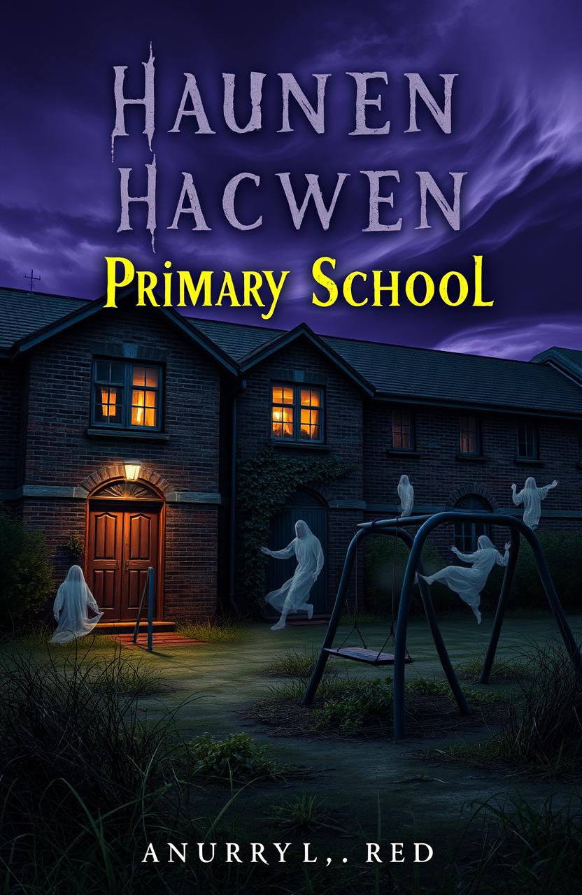 A hauntingly atmospheric book cover depicting an eerie primary school at dusk