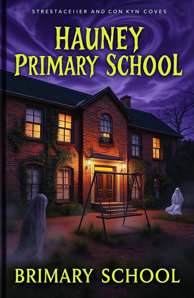 A hauntingly atmospheric book cover depicting an eerie primary school at dusk