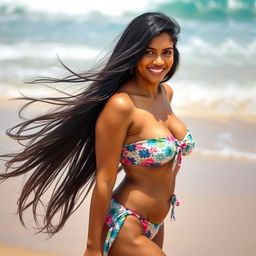 A beautiful Indian woman with an hourglass figure enjoying her time at the beach, her long, flowing black hair blowing in the ocean breeze