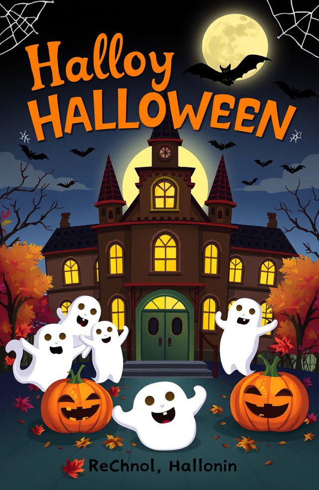 A spooky and fun book cover for a school Halloween event, featuring a haunted school building with gothic architecture under a moonlit sky