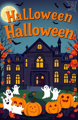 A spooky and fun book cover for a school Halloween event, featuring a haunted school building with gothic architecture under a moonlit sky