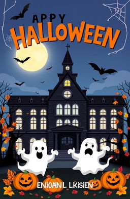 A spooky and fun book cover for a school Halloween event, featuring a haunted school building with gothic architecture under a moonlit sky