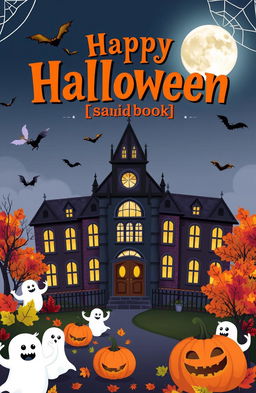 A spooky and fun book cover for a school Halloween event, featuring a haunted school building with gothic architecture under a moonlit sky