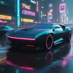 Futuristic cars from the world of Cyberpunk 2077: sleek, armored, glowing neon details, set on a rainy neon-lit cityscape of Night City