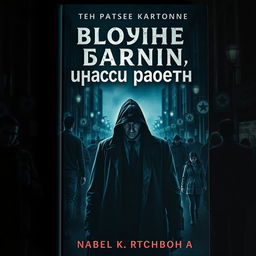 A captivating book cover for 'плохие парни и ужасы работы', featuring a dark, shadowy backdrop of a bustling street filled with indistinct, foreboding figures