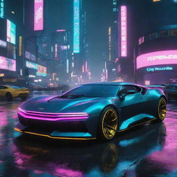 Futuristic cars from the world of Cyberpunk 2077: sleek, armored, glowing neon details, set on a rainy neon-lit cityscape of Night City