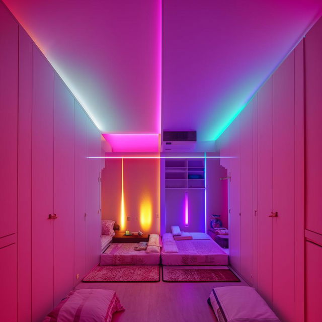 A 12 by 10 feet room with two beds and a computer table, two windows used as option for storage, a well-decorated wall, a peaceful praying area illuminated with full RGB lights