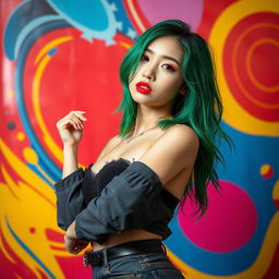 A sexy Korean woman with vibrant green hair, showcasing a confident pose
