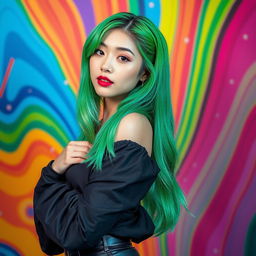 A sexy Korean woman with vibrant green hair, showcasing a confident pose