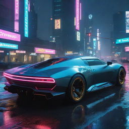 Futuristic cars from the world of Cyberpunk 2077: sleek, armored, glowing neon details, set on a rainy neon-lit cityscape of Night City