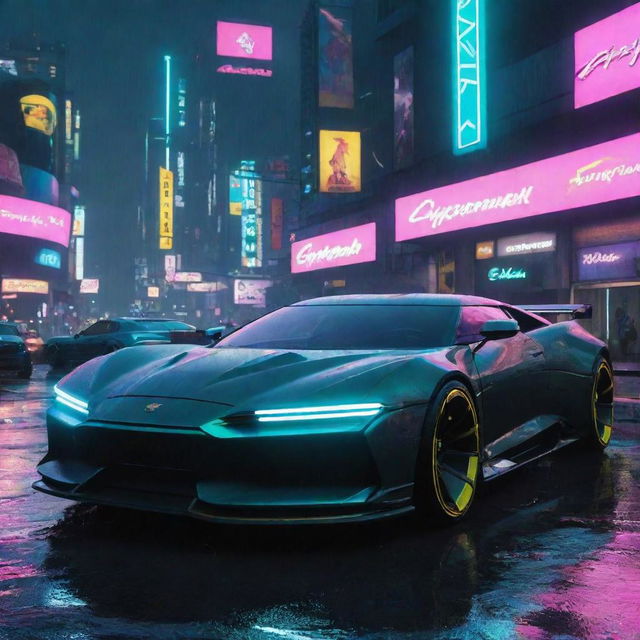 Futuristic cars from the world of Cyberpunk 2077: sleek, armored, glowing neon details, set on a rainy neon-lit cityscape of Night City