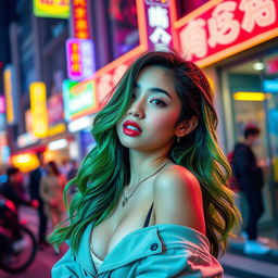 A sexy Korean girl with vibrant green hair, styled in loose waves, showcasing a playful yet confident expression