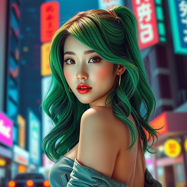 A sexy Korean girl with vibrant green hair, styled in loose waves, showcasing a playful yet confident expression