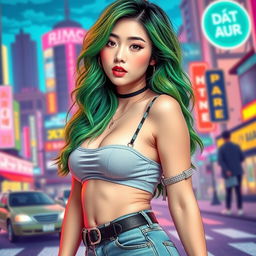 A sexy Korean girl with vibrant green hair, styled in loose waves, showcasing a playful yet confident expression