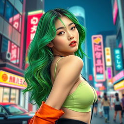 A sexy Korean girl with vibrant green hair, styled in loose waves, showcasing a playful yet confident expression