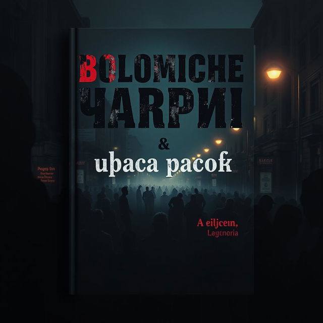 A gripping book cover for 'плохие парни и ужасы работы', featuring a dark, moody atmosphere with a crowded street filled with indistinct, shadowy figures