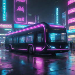 A futuristic city bus from the world of Cyberpunk 2077, featuring neon light details, sleek aerodynamic design, cruising on a rain-soaked street in Night City