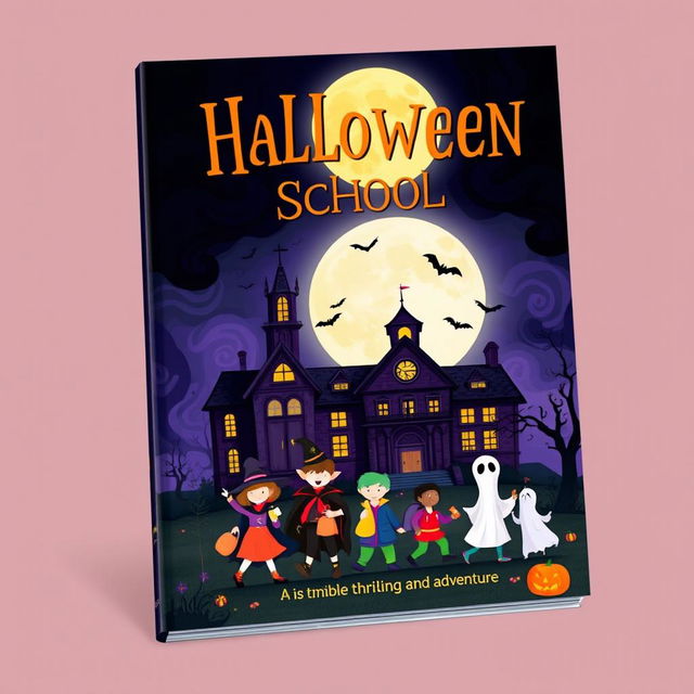 A vibrant and spooky book cover design for a Halloween-themed story, featuring a haunted school setting