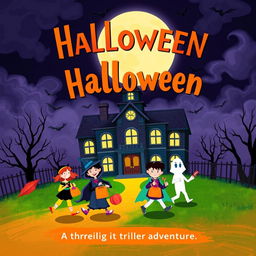A vibrant and spooky book cover design for a Halloween-themed story, featuring a haunted school setting