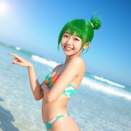 A vibrant Korean girl with striking green hair, joyfully posing in a stylish swimsuit