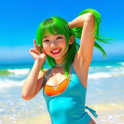 A vibrant Korean girl with striking green hair, joyfully posing in a stylish swimsuit