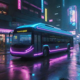 A futuristic city bus from the world of Cyberpunk 2077, featuring neon light details, sleek aerodynamic design, cruising on a rain-soaked street in Night City