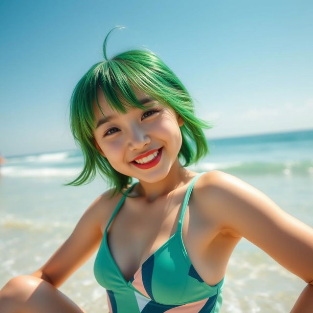 A vibrant Korean girl with striking green hair, joyfully posing in a stylish swimsuit