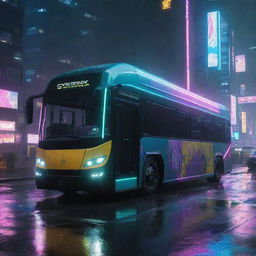 A futuristic city bus from the world of Cyberpunk 2077, featuring neon light details, sleek aerodynamic design, cruising on a rain-soaked street in Night City