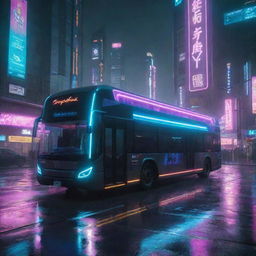 A futuristic city bus from the world of Cyberpunk 2077, featuring neon light details, sleek aerodynamic design, cruising on a rain-soaked street in Night City