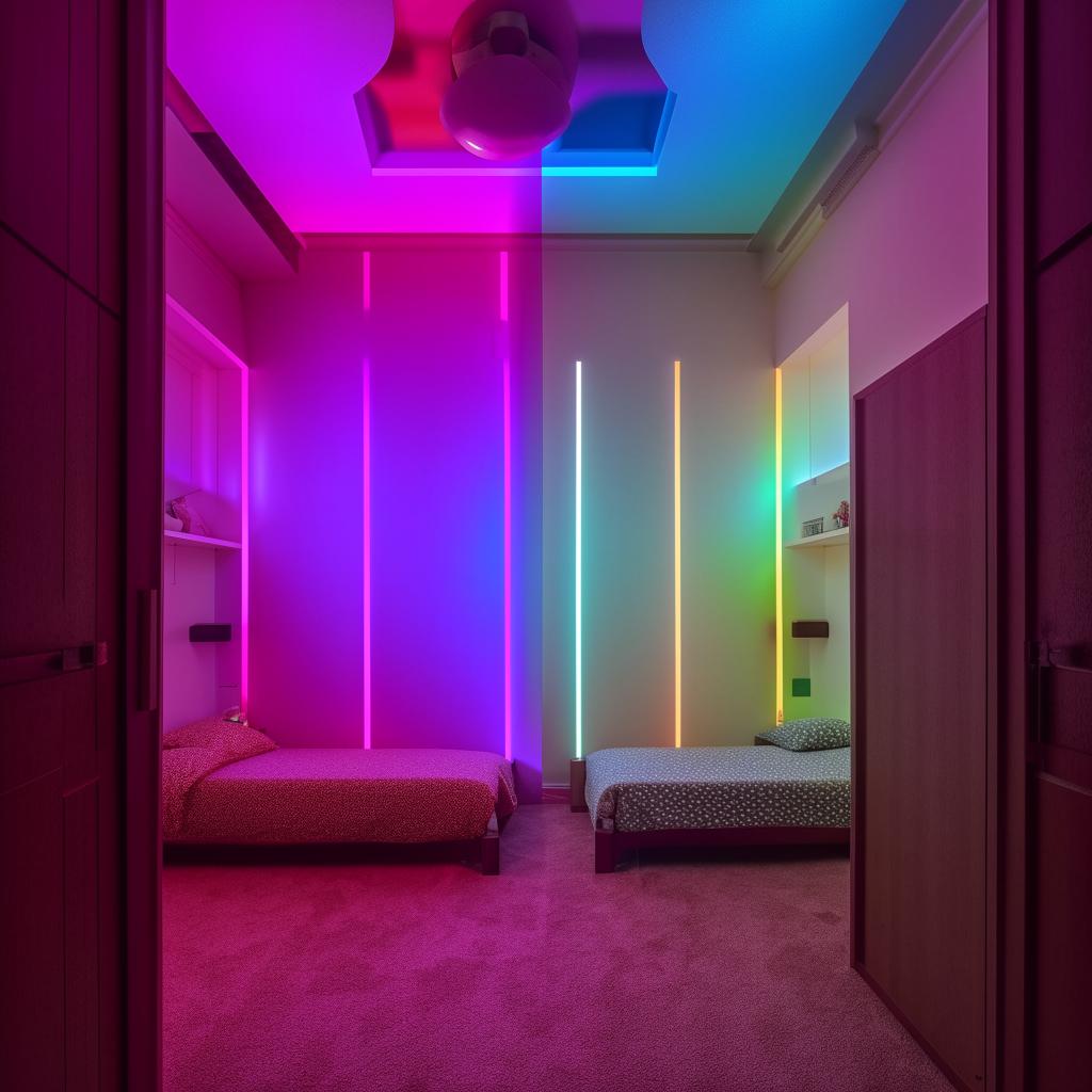 A 12 by 10 feet room with two beds and a computer table, two windows used as option for storage, a well-decorated wall, a peaceful praying area illuminated with full RGB lights