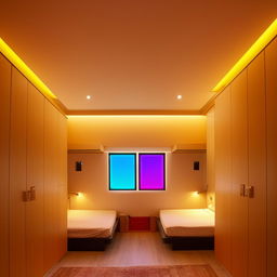 A 12 by 10 feet room with two beds and a computer table, two windows used as option for storage, a well-decorated wall, a peaceful praying area illuminated with full RGB lights