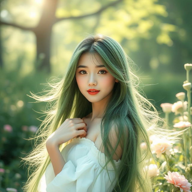 A beautiful Korean girl with long, flowing green hair, gracefully posed in a serene natural setting, celebrating the beauty of femininity