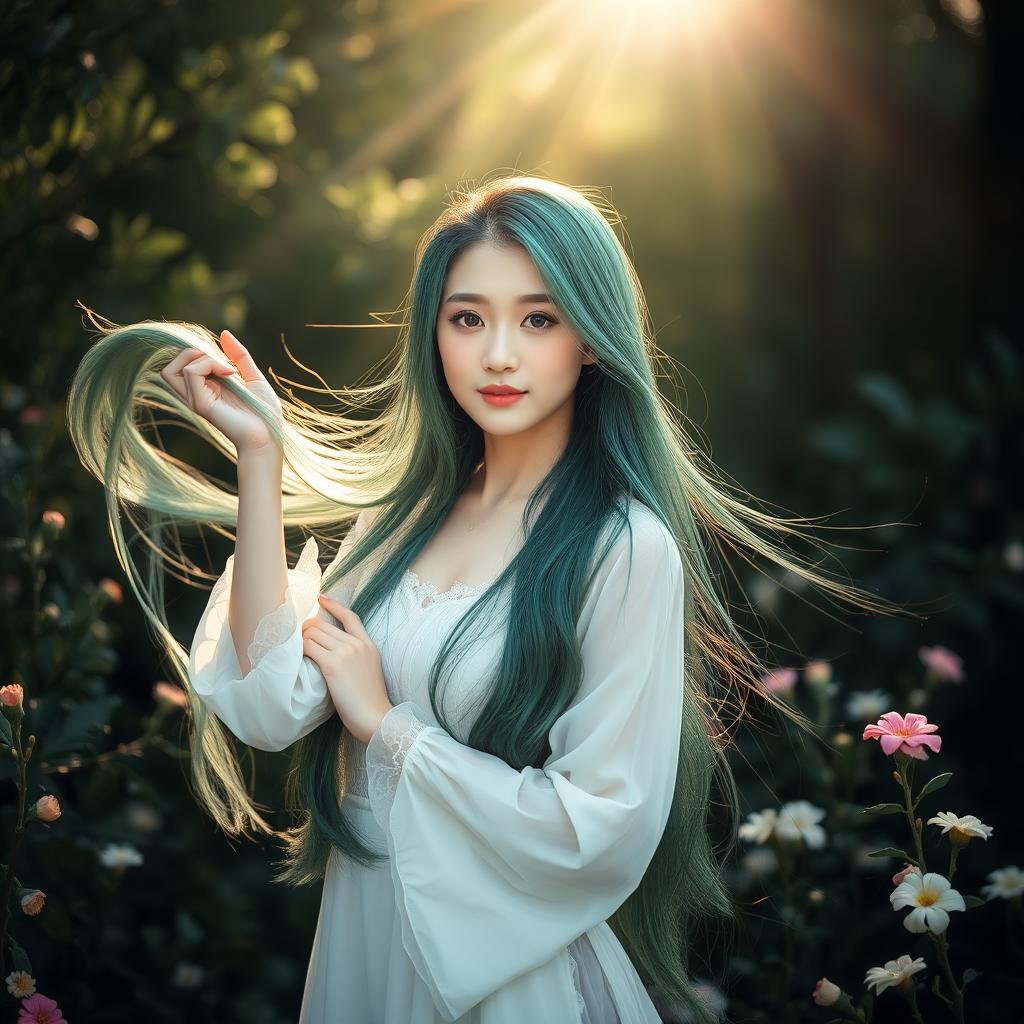 A beautiful Korean girl with long, flowing green hair, gracefully posed in a serene natural setting, celebrating the beauty of femininity