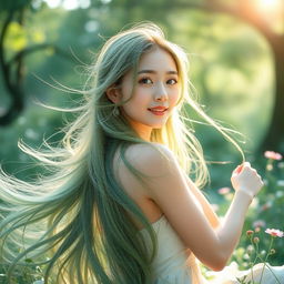 A beautiful Korean girl with long, flowing green hair, gracefully posed in a serene natural setting, celebrating the beauty of femininity