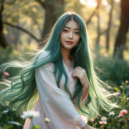 A beautiful Korean girl with long, flowing green hair, gracefully posed in a serene natural setting, celebrating the beauty of femininity