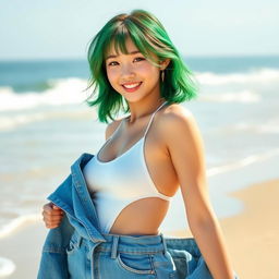 A trendy Korean girl with vibrant green hair, playfully showcasing a stylish one-piece swimsuit worn under a pair of fashionable denim jeans