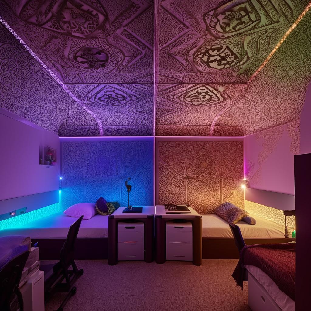 A 12 by 10 feet room housing two beds, a computer table, two windows acting as storage units, walls with intricate designs, a dedicated prayer area, and the room bathed in full RGB lighting