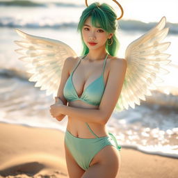 A stunning Korean girl with vibrant green hair, depicted as an angel, gracefully wearing a stylish one-piece swimsuit