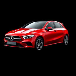 A sleek red Mercedes A200 set against a smooth black background, emphasizing the car's shiny exterior and elegant curves