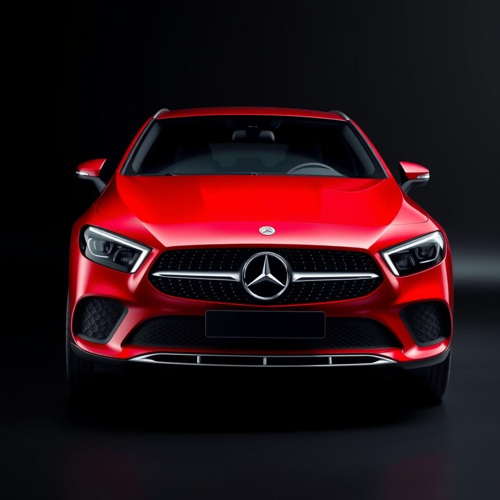 A sleek red Mercedes A200 set against a smooth black background, emphasizing the car's shiny exterior and elegant curves