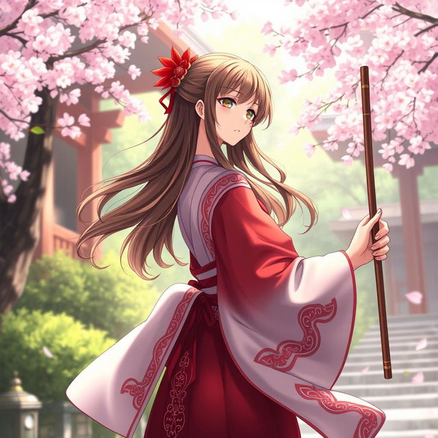 A stunning anime-style depiction of a Shinto priestess, adorned in a traditional red and white robe, featuring intricate patterns and flowing fabric