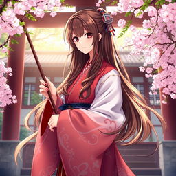 A stunning anime-style depiction of a Shinto priestess, adorned in a traditional red and white robe, featuring intricate patterns and flowing fabric