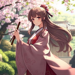 A stunning anime-style depiction of a Shinto priestess, adorned in a traditional red and white robe, featuring intricate patterns and flowing fabric