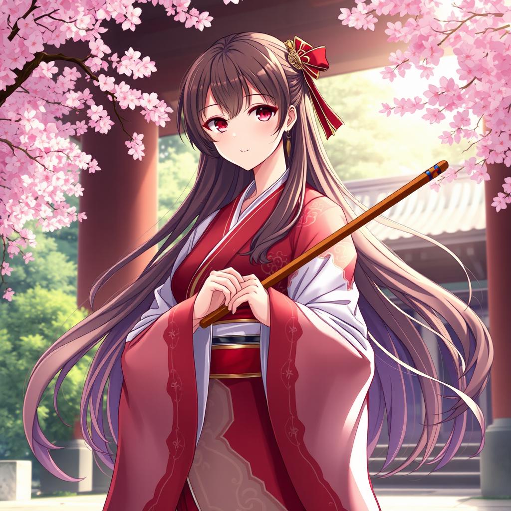 A stunning anime-style depiction of a Shinto priestess, adorned in a traditional red and white robe, featuring intricate patterns and flowing fabric