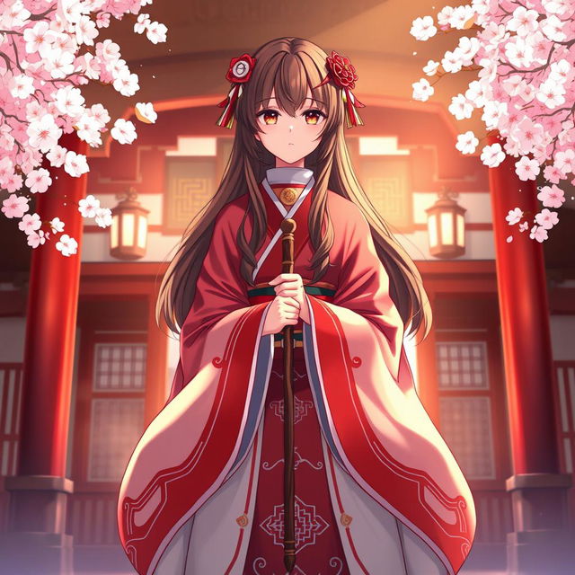 A captivating anime-style illustration of a Shinto priestess viewed from the front, dressed in an elaborate red and white robe that billows gracefully around her