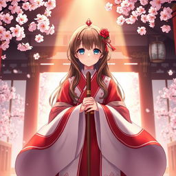 A captivating anime-style illustration of a Shinto priestess viewed from the front, dressed in an elaborate red and white robe that billows gracefully around her