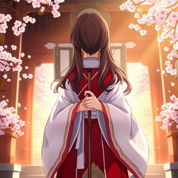 A captivating anime-style illustration of a Shinto priestess viewed from the front, dressed in an elaborate red and white robe that billows gracefully around her