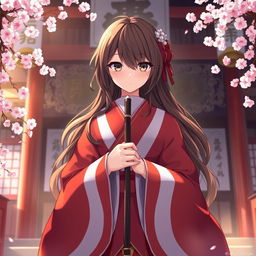 A captivating anime-style illustration of a Shinto priestess viewed from the front, dressed in an elaborate red and white robe that billows gracefully around her